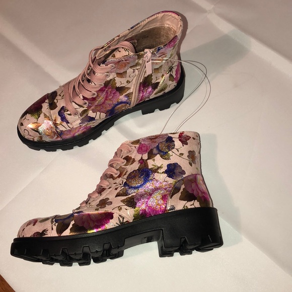 Pink Flower Metallic Combat Ankle Boot - Picture 2 of 4